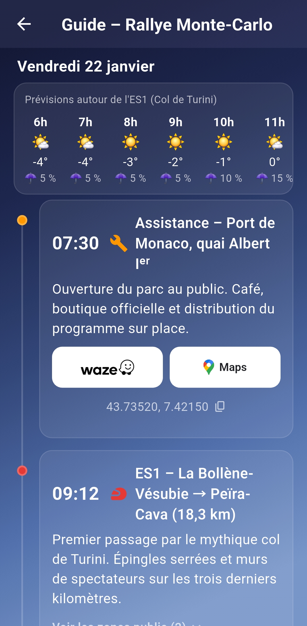 Guide spectateur RallyeSphere : programme, météo heure par heure et parkings avec GPS