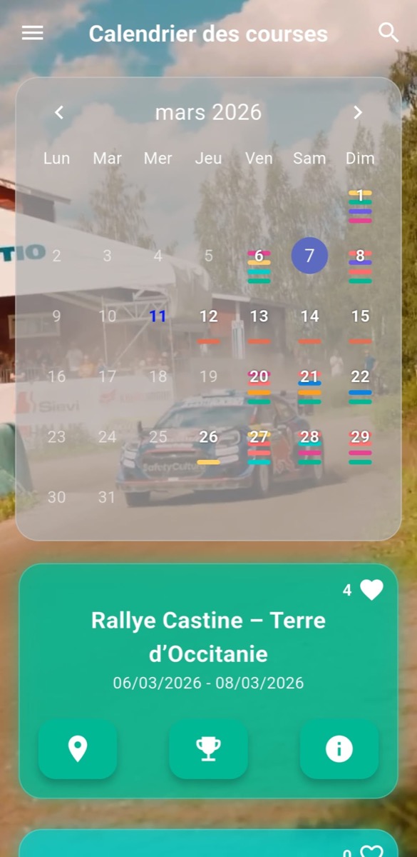 Écran d'accueil de l'app RallyeSphere : calendrier des courses avec les épreuves du mois